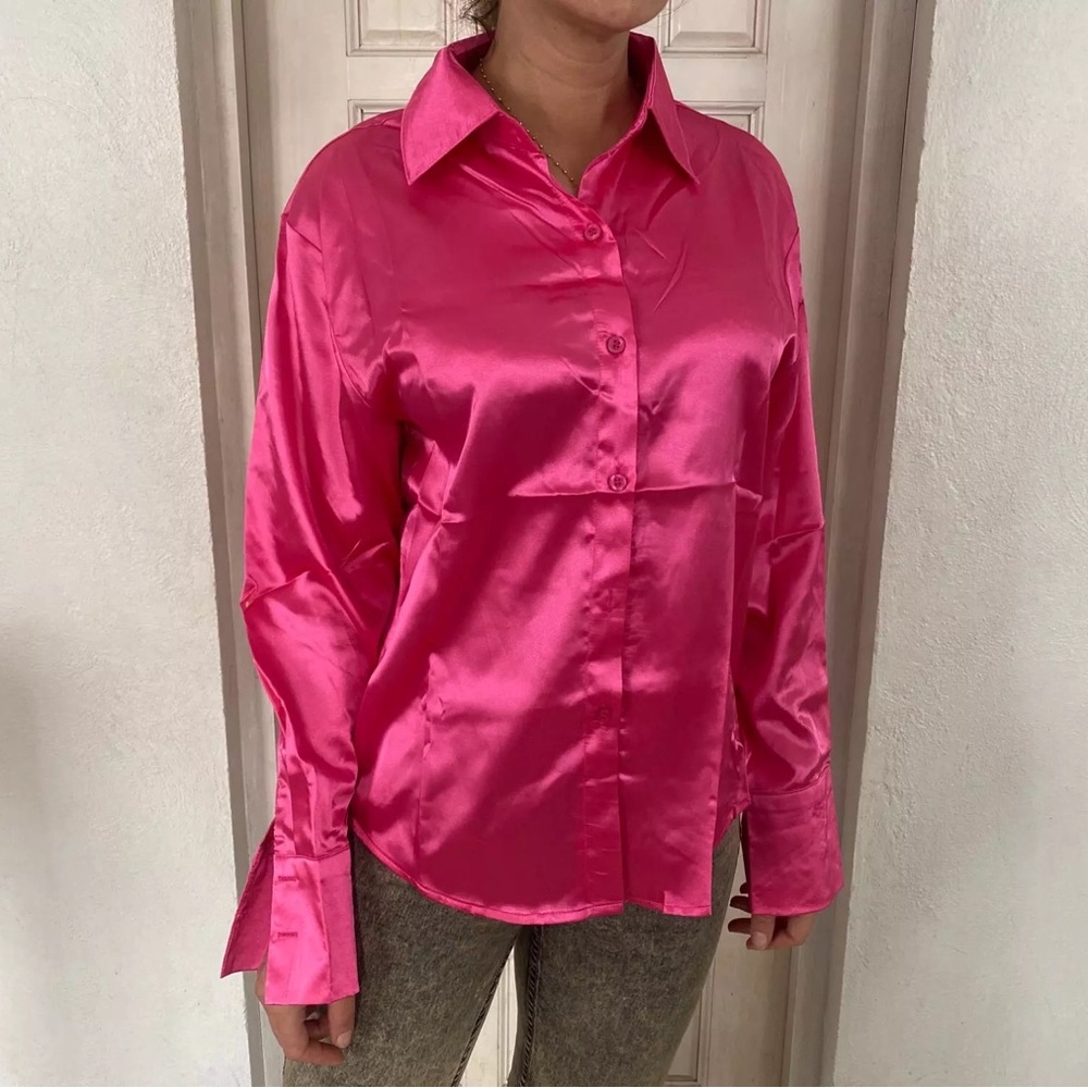 Satin shirt button collar top long sleeve Barbie pink silky womens NWT NEW - Picture 3 of 5